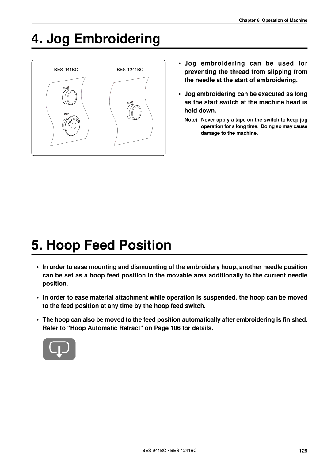 Brother BES-941BC instruction manual Jog Embroidering, Hoop Feed Position 