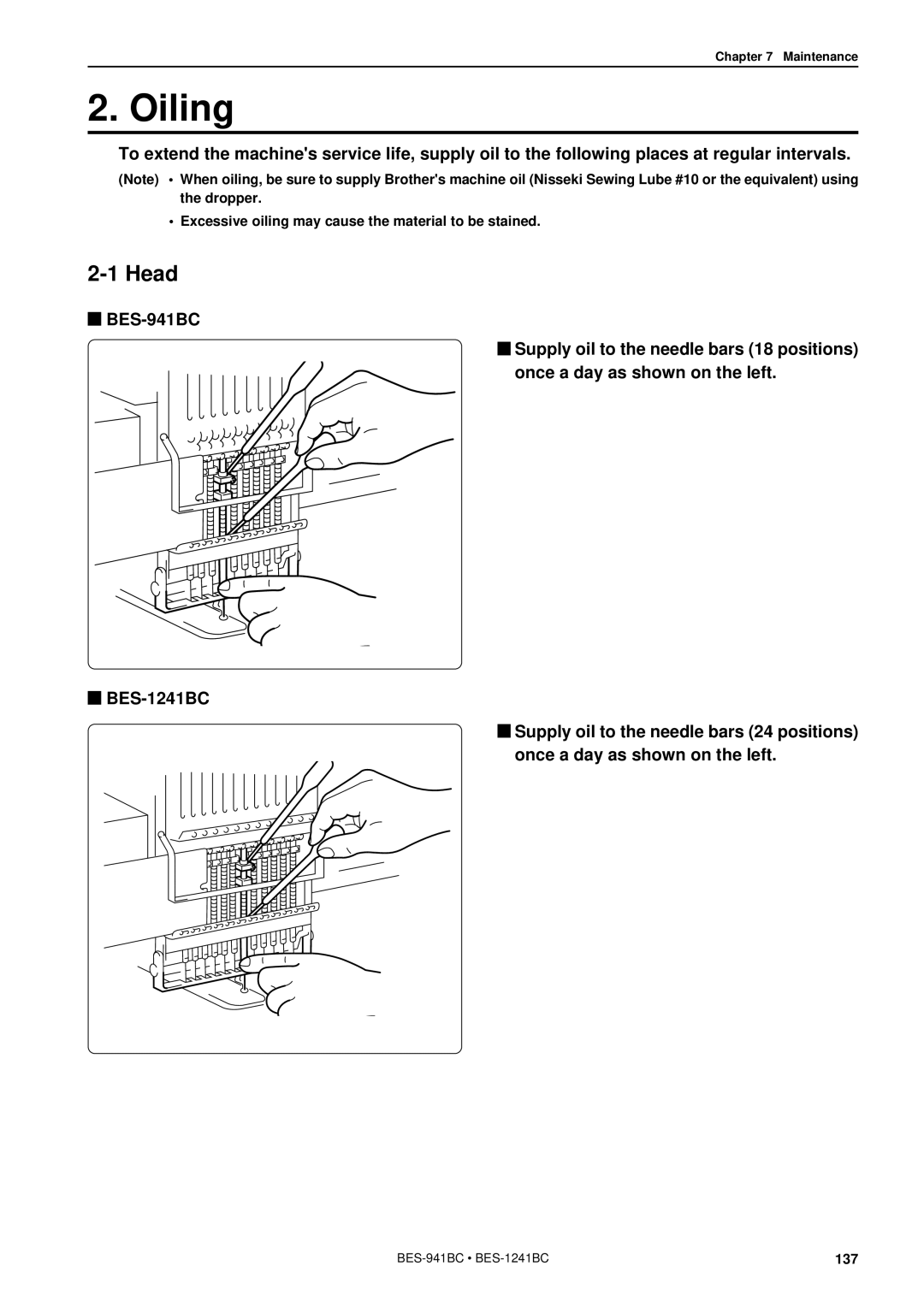 Brother BES-941BC instruction manual Oiling, Head 