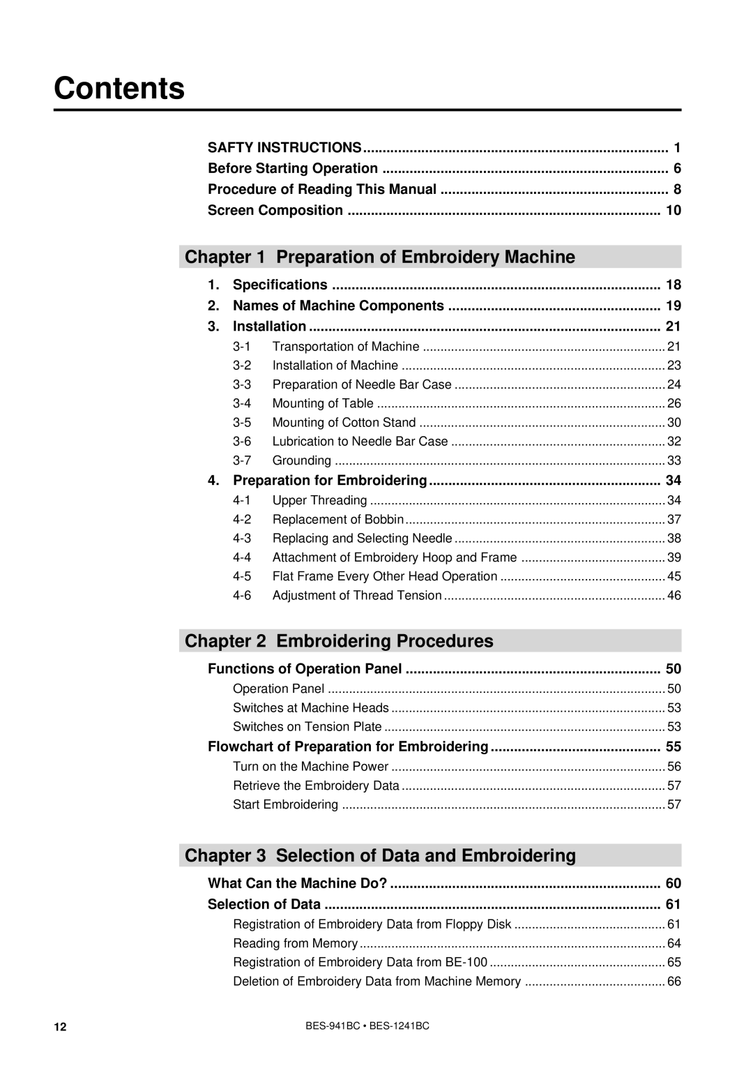 Brother BES-941BC instruction manual Contents 