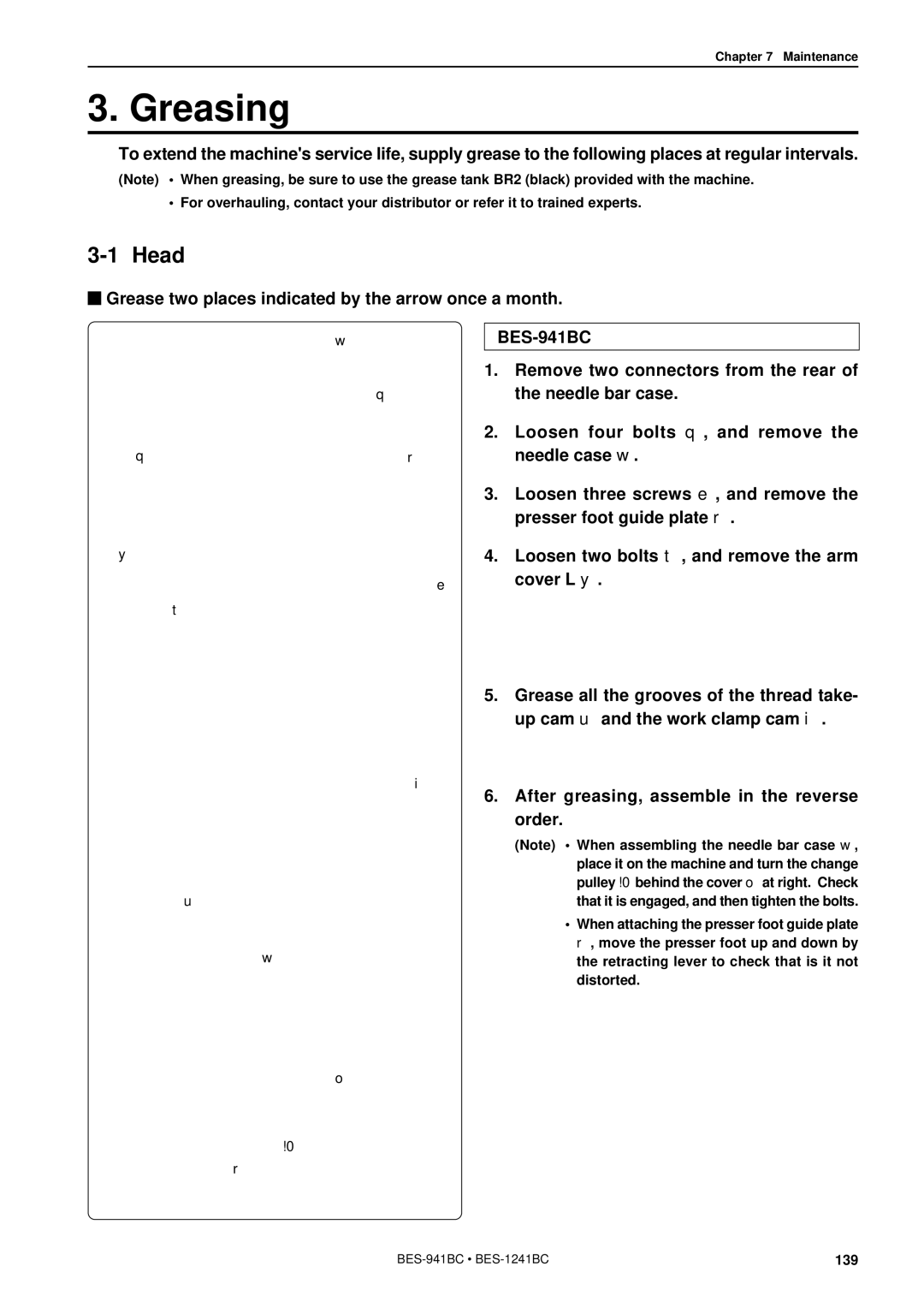 Brother BES-941BC instruction manual Greasing, Grease two places indicated by the arrow once a month 