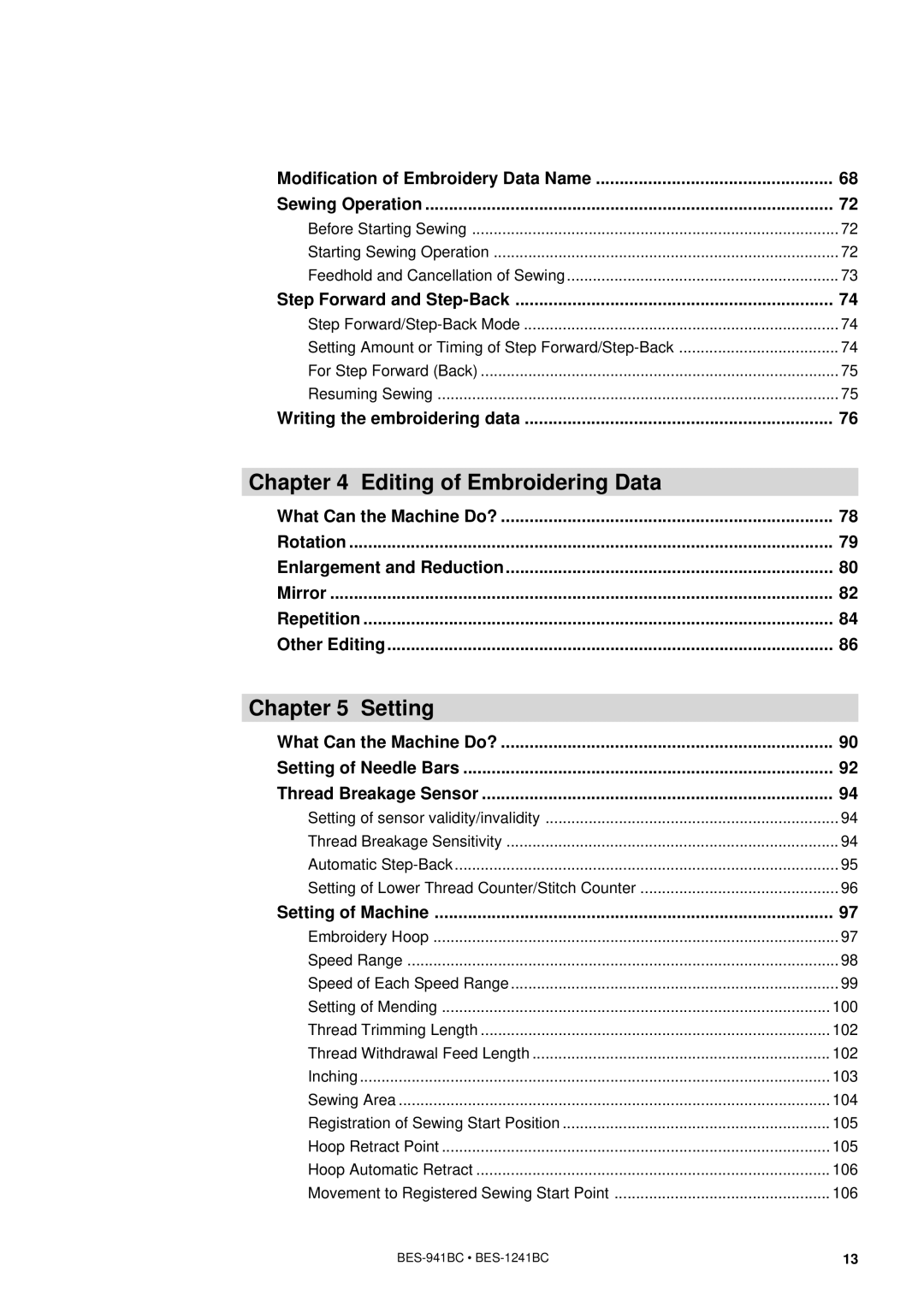 Brother BES-941BC instruction manual Editing of Embroidering Data, Setting 