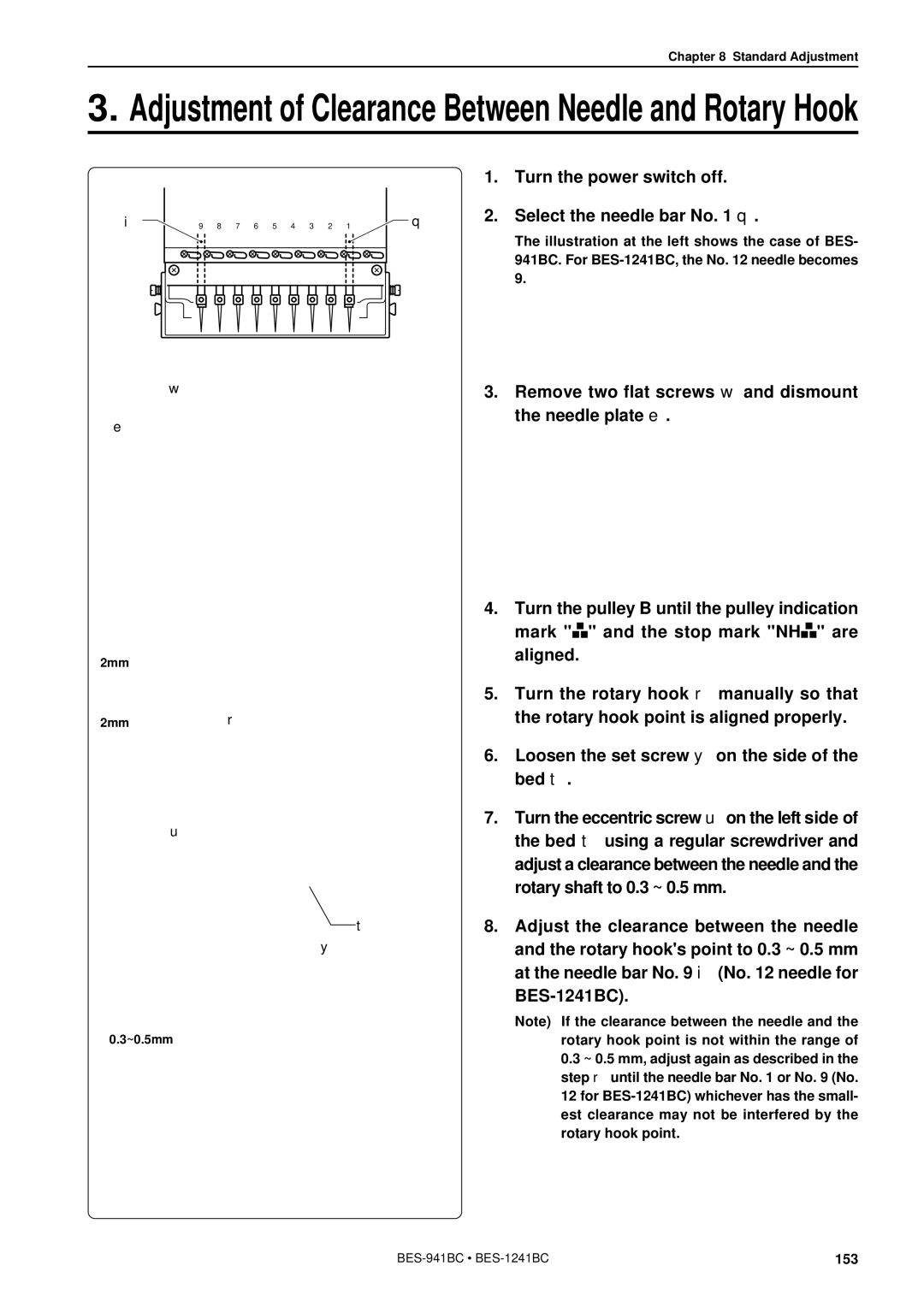 Brother BES-941BC instruction manual Adjustment of Clearance Between Needle and Rotary Hook 