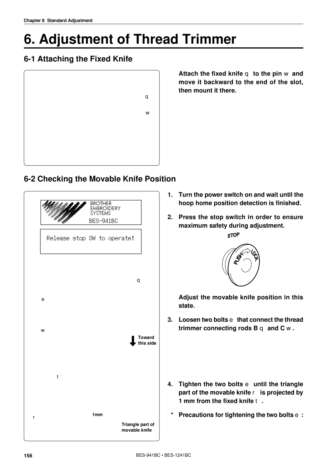 Brother BES-941BC Adjustment of Thread Trimmer, Attaching the Fixed Knife, Checking the Movable Knife Position 
