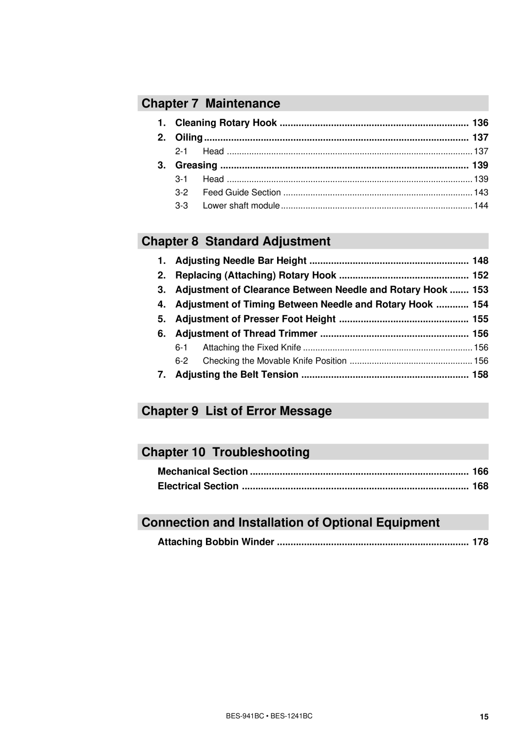 Brother BES-941BC instruction manual Maintenance, Standard Adjustment, List of Error Message Troubleshooting 