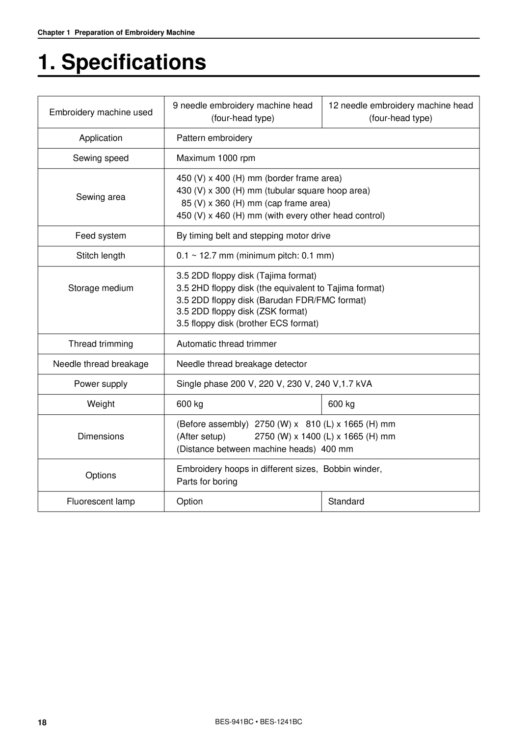 Brother BES-941BC instruction manual Specifications 