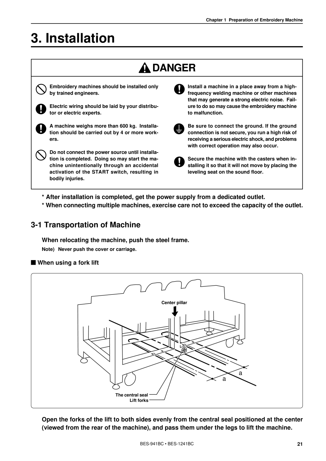 Brother BES-941BC instruction manual Installation, Transportation of Machine 