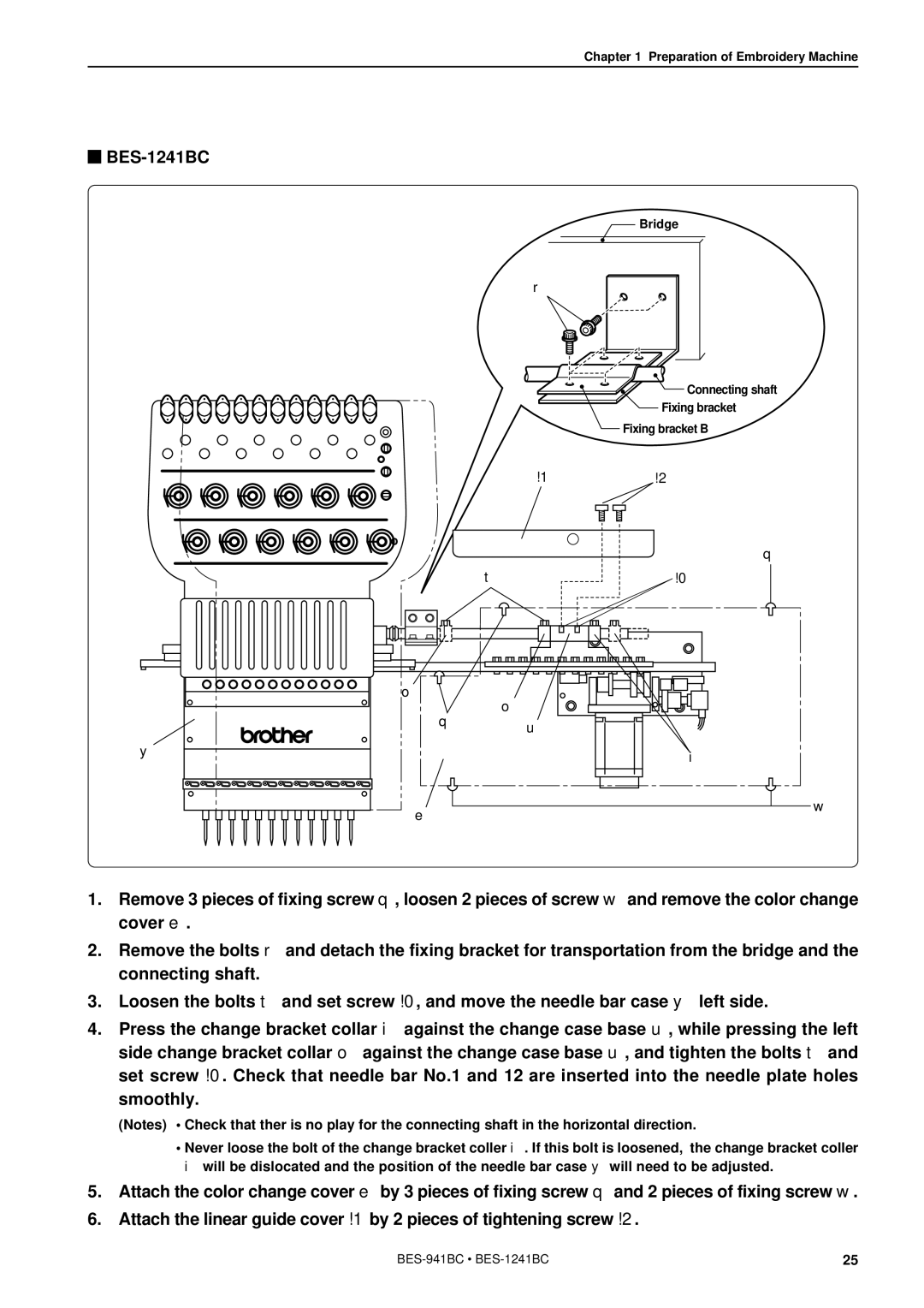 Brother BES-941BC instruction manual Bridge Connecting shaft Fixing bracket Fixing bracket B 