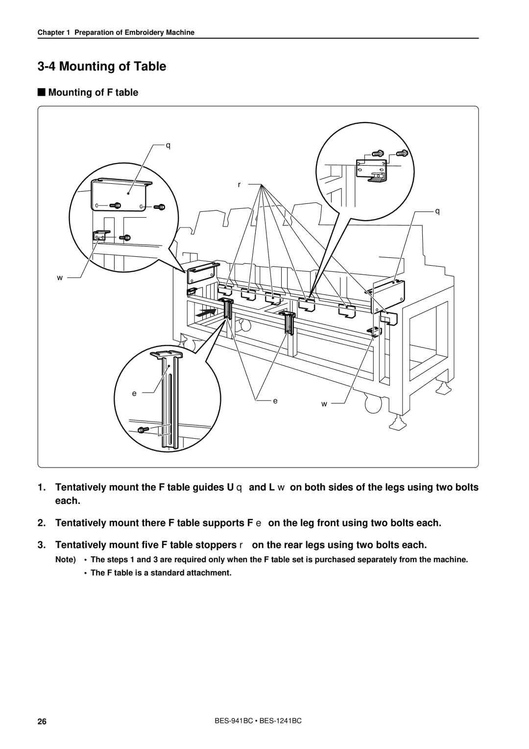 Brother BES-941BC instruction manual Mounting of Table 