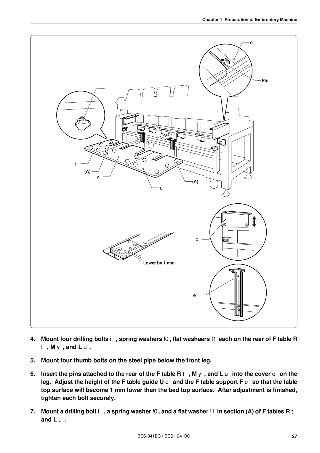 Brother BES-941BC instruction manual Preparation of Embroidery Machine Pin Lower by 1 mm 