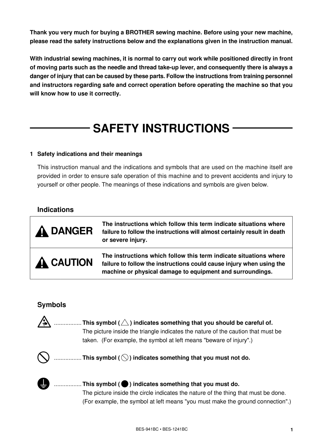 Brother BES-941BC Safety indications and their meanings, This symbol indicates something that you should be careful 