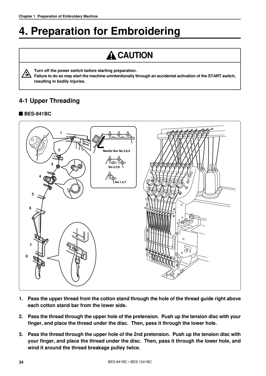 Brother BES-941BC instruction manual Preparation for Embroidering, Upper Threading 