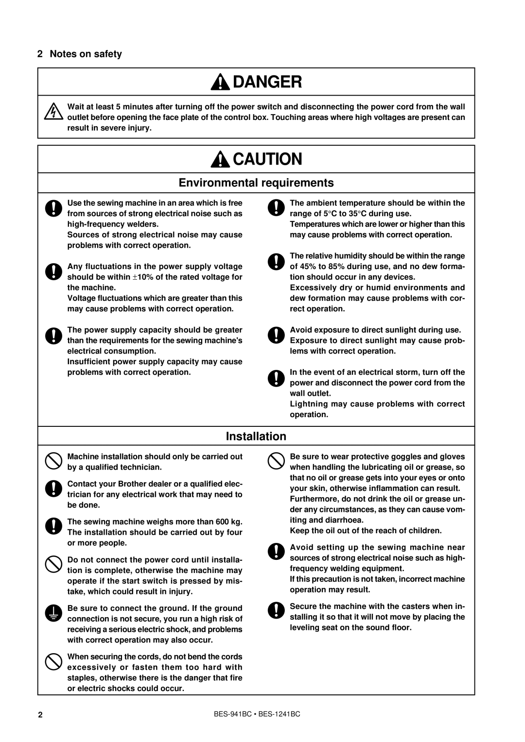 Brother BES-941BC instruction manual Environmental requirements 