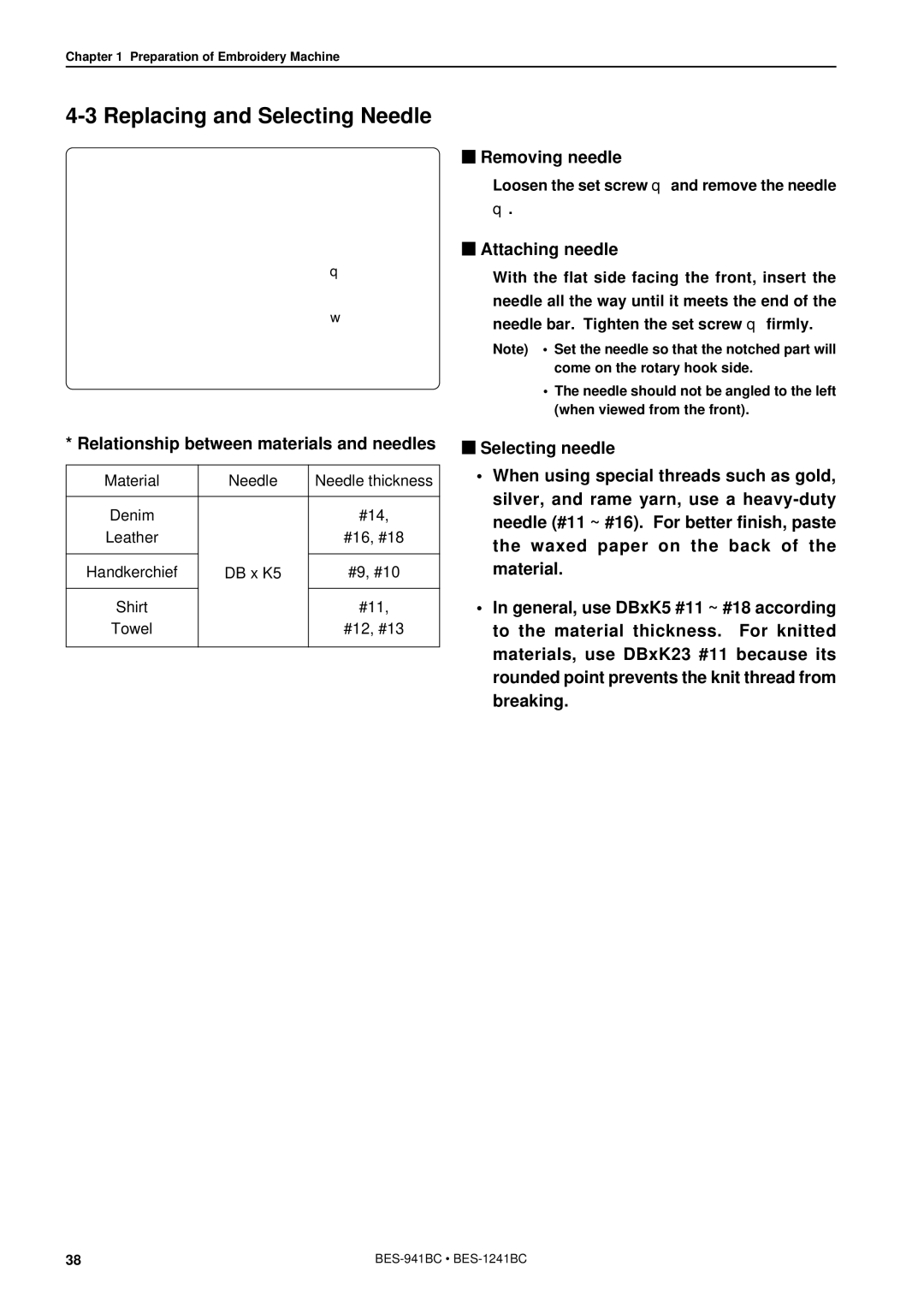 Brother BES-941BC instruction manual Replacing and Selecting Needle, Removing needle, Attaching needle 