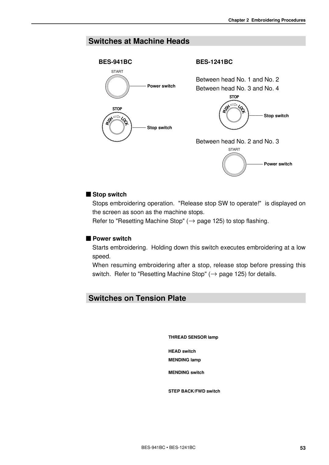 Brother BES-941BC instruction manual Switches at Machine Heads, Switches on Tension Plate, Stop switch, Power switch 