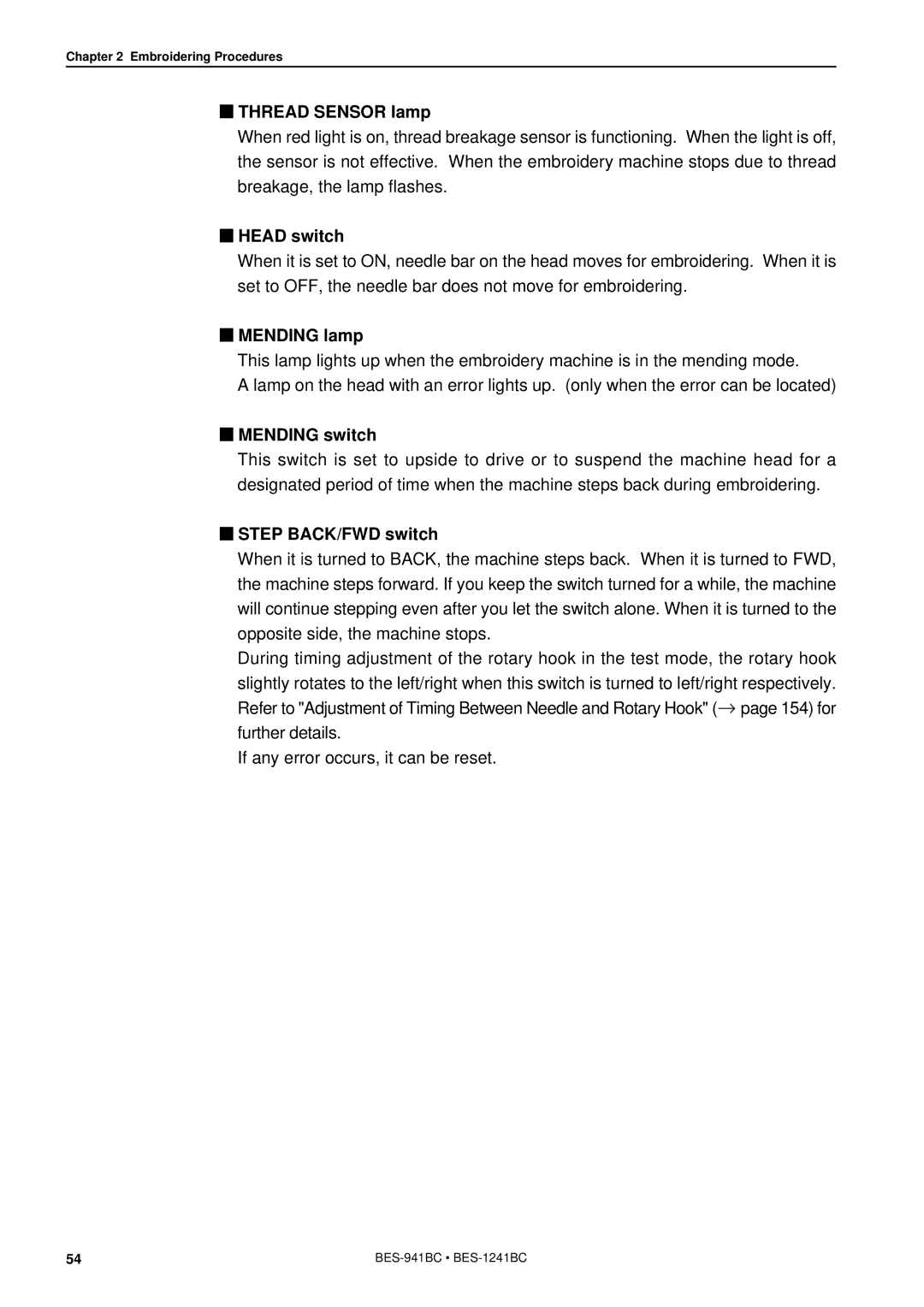 Brother BES-941BC instruction manual Thread Sensor lamp, Head switch, Mending lamp, Mending switch, Step BACK/FWD switch 