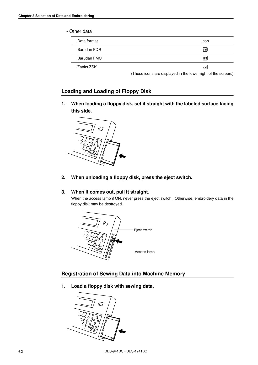 Brother BES-941BC instruction manual Loading and Loading of Floppy Disk, Registration of Sewing Data into Machine Memory 