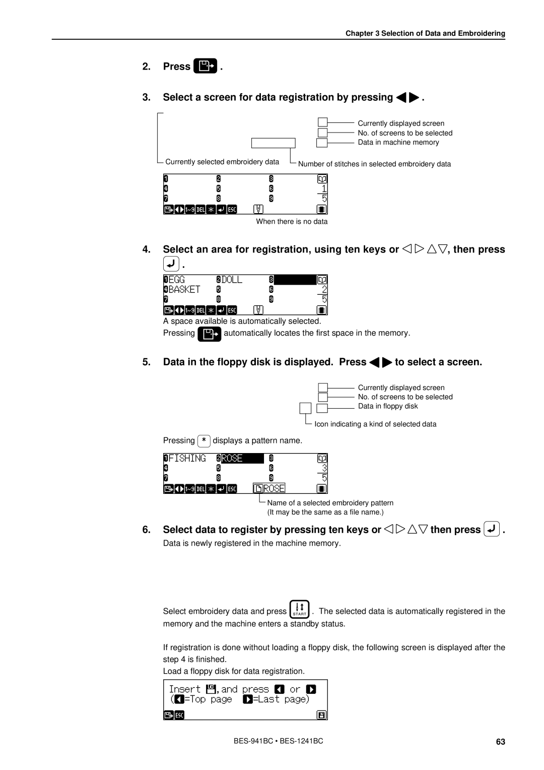 Brother BES-941BC instruction manual Press Select a screen for data registration by pressing 