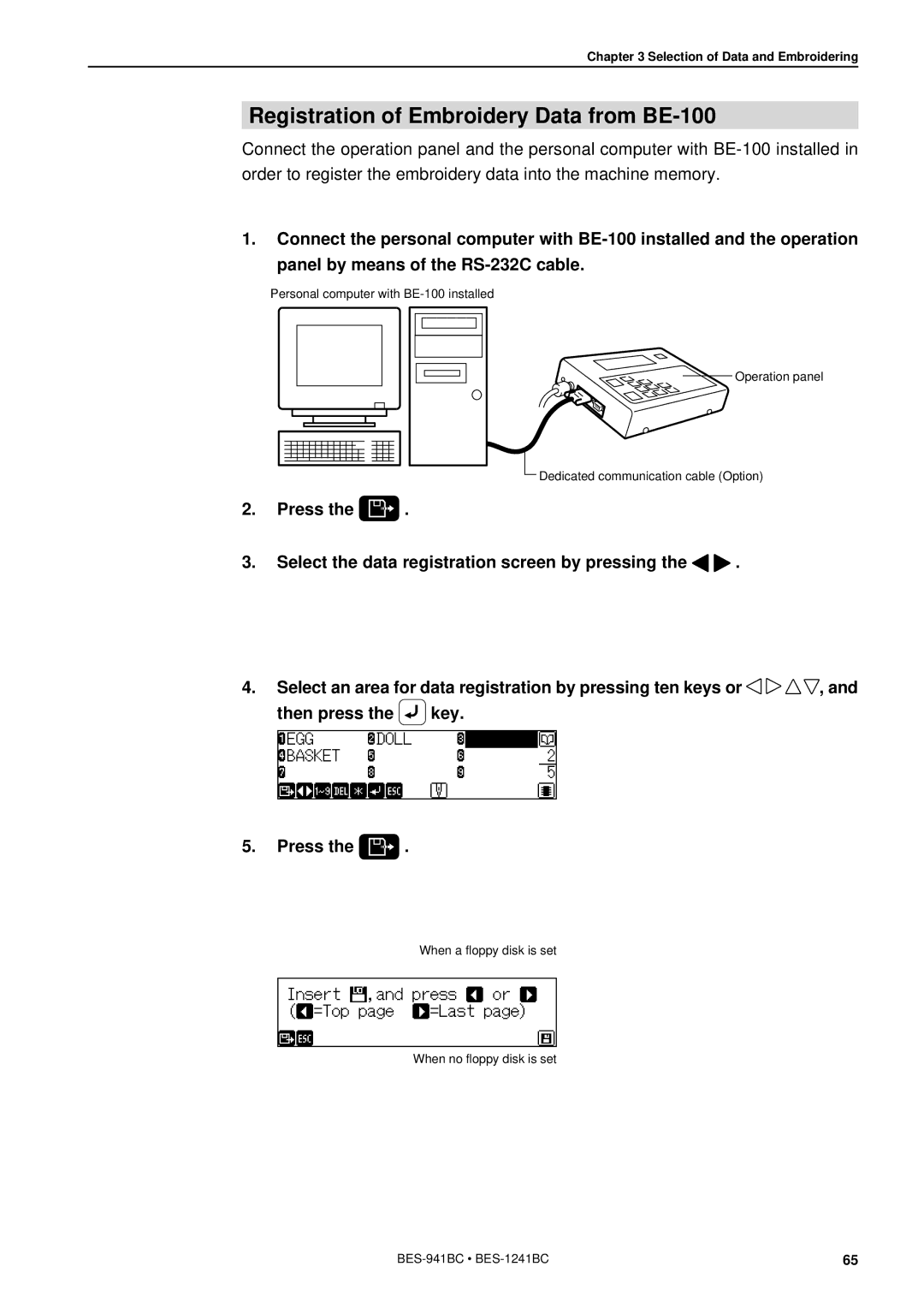 Brother BES-941BC instruction manual Registration of Embroidery Data from BE-100 