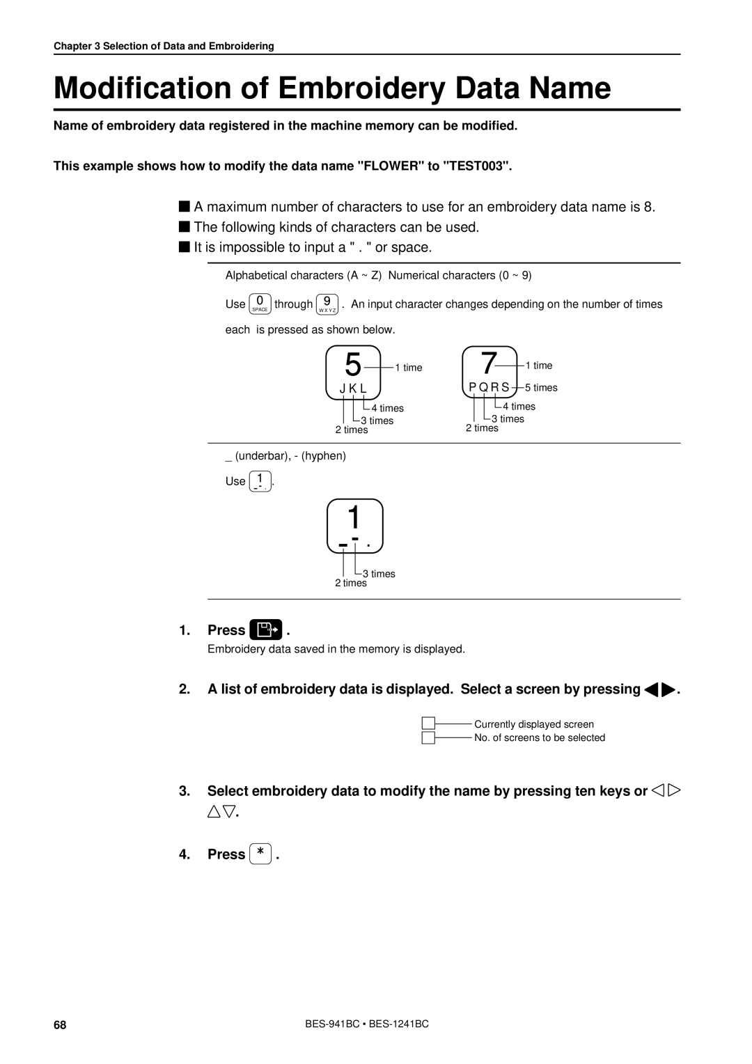 Brother BES-941BC instruction manual Modification of Embroidery Data Name 