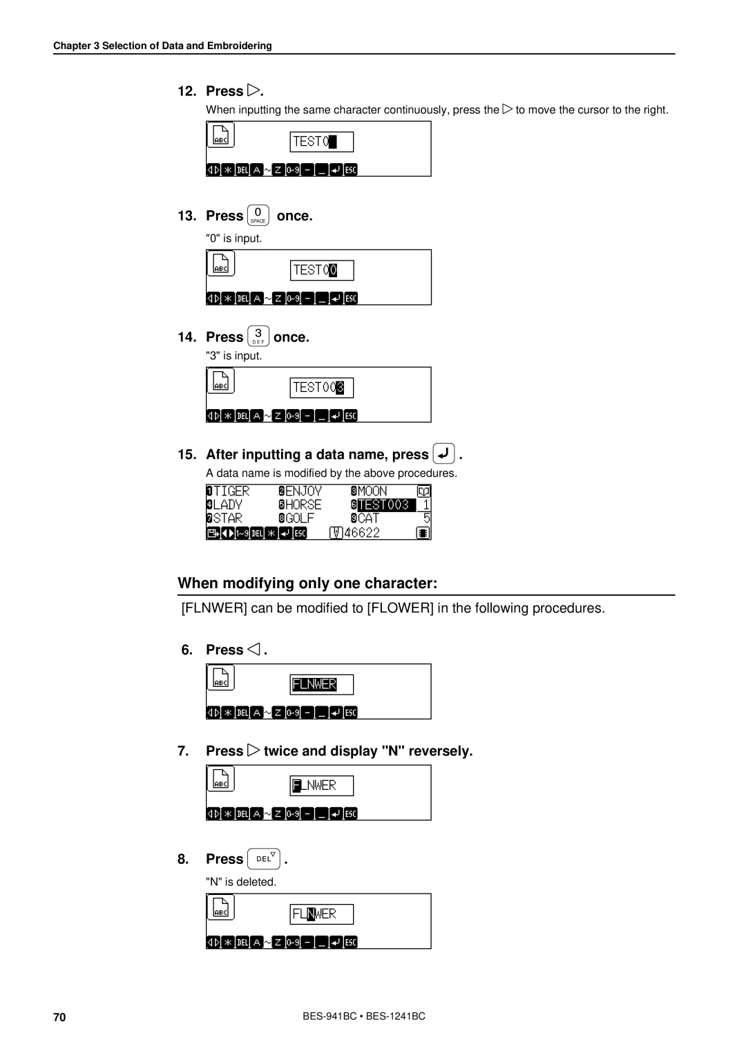 Brother BES-941BC instruction manual When modifying only one character, After inputting a data name, press 