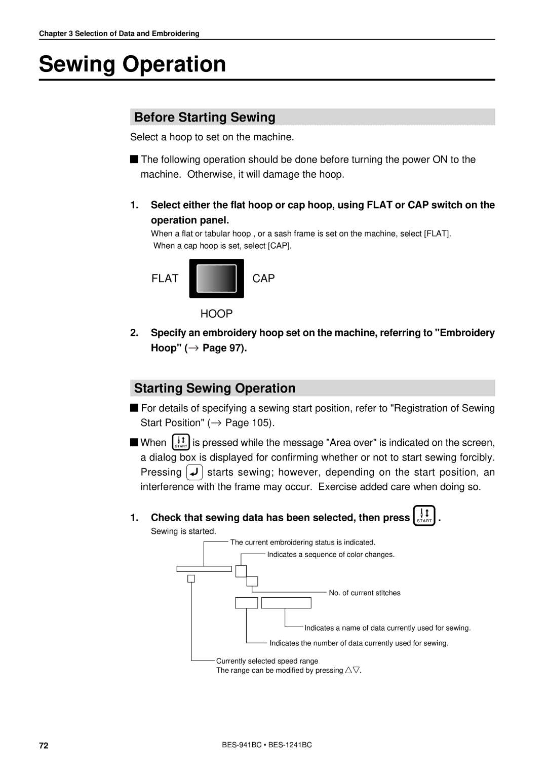 Brother BES-941BC instruction manual Before Starting Sewing, Starting Sewing Operation 