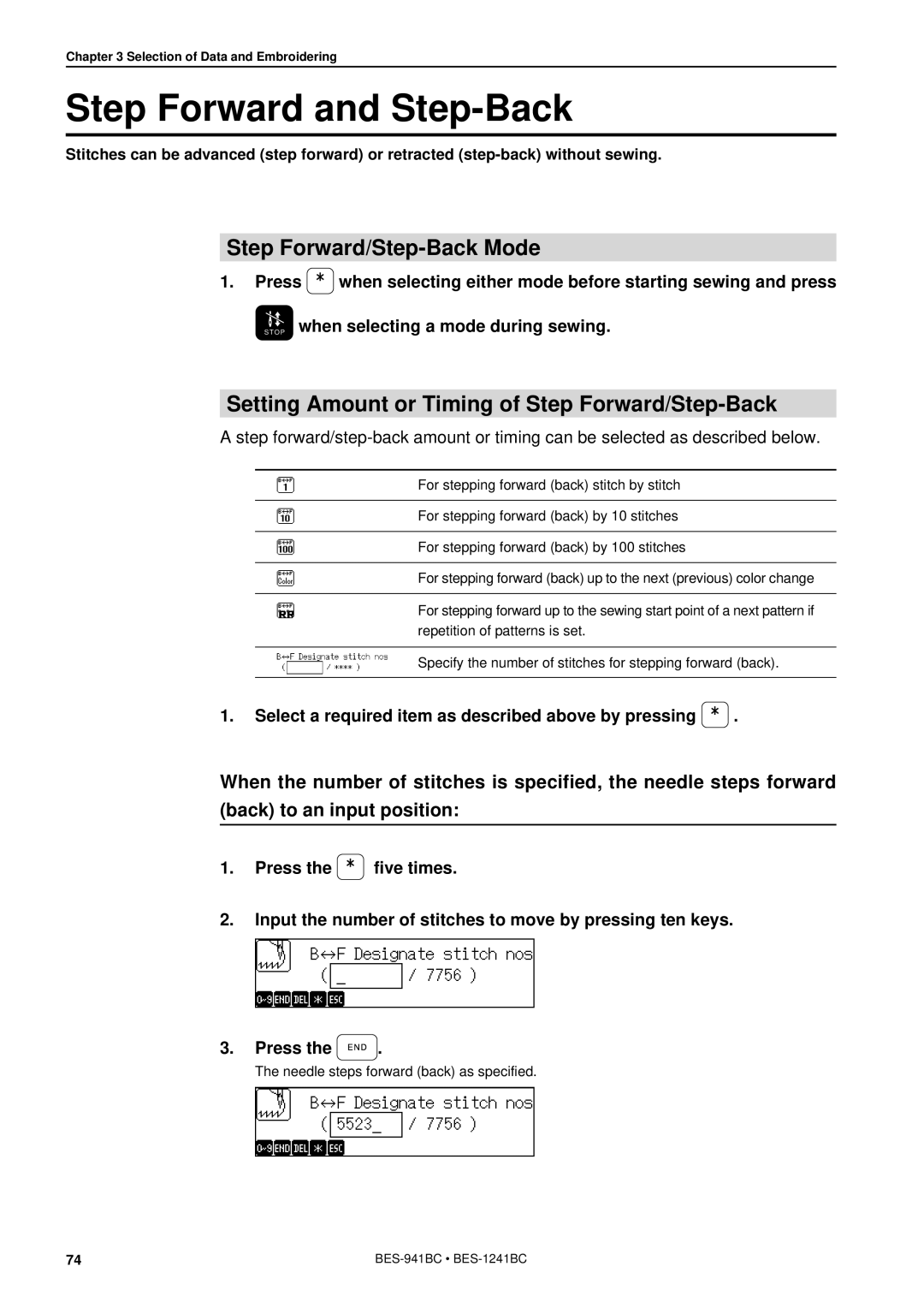 Brother BES-941BC instruction manual Step Forward and Step-Back, Step Forward/Step-Back Mode 