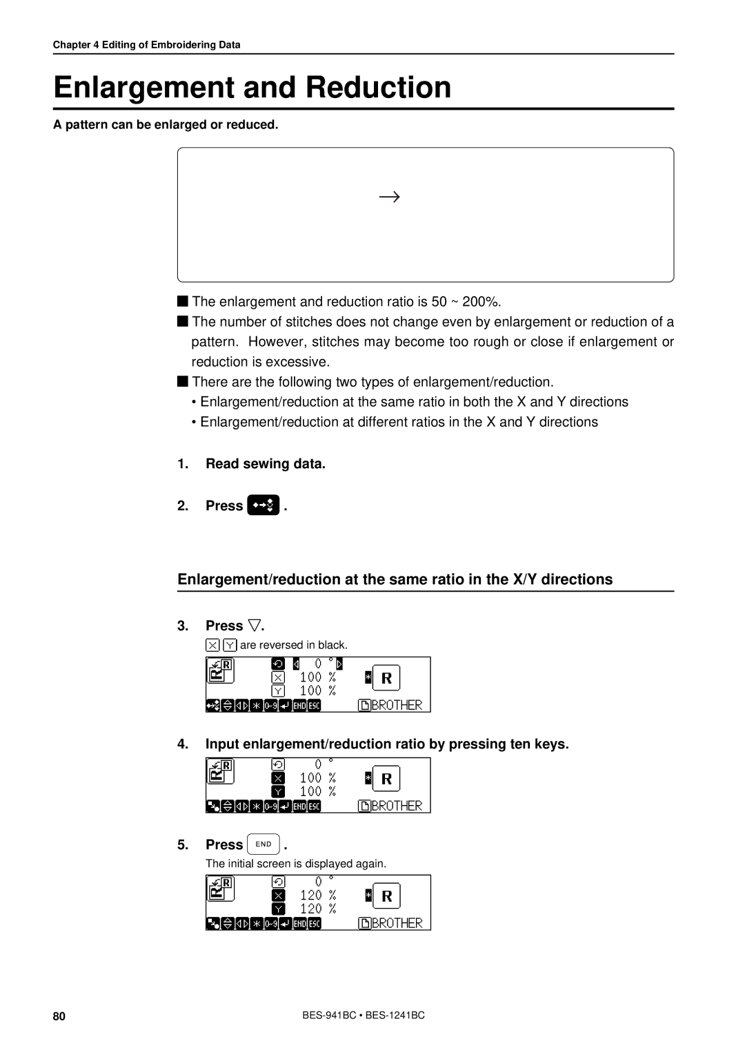 Brother BES-941BC instruction manual Enlargement and Reduction, Read sewing data Press 