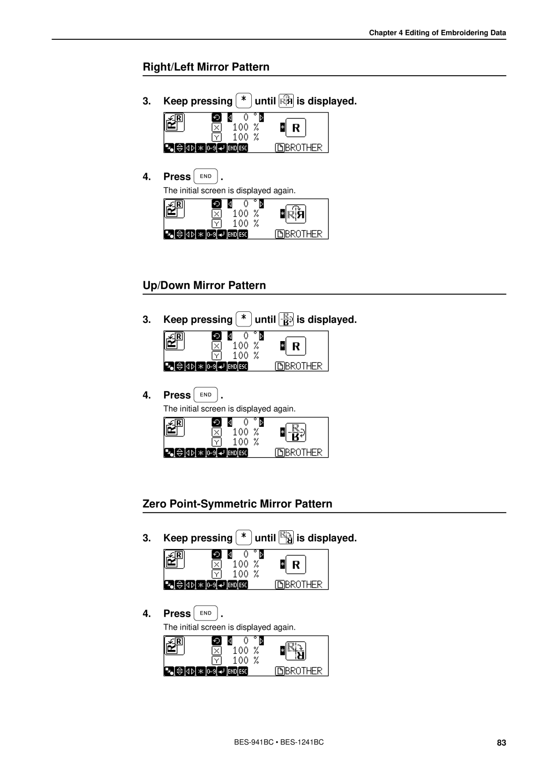 Brother BES-941BC instruction manual Right/Left Mirror Pattern, Up/Down Mirror Pattern, Zero Point-Symmetric Mirror Pattern 