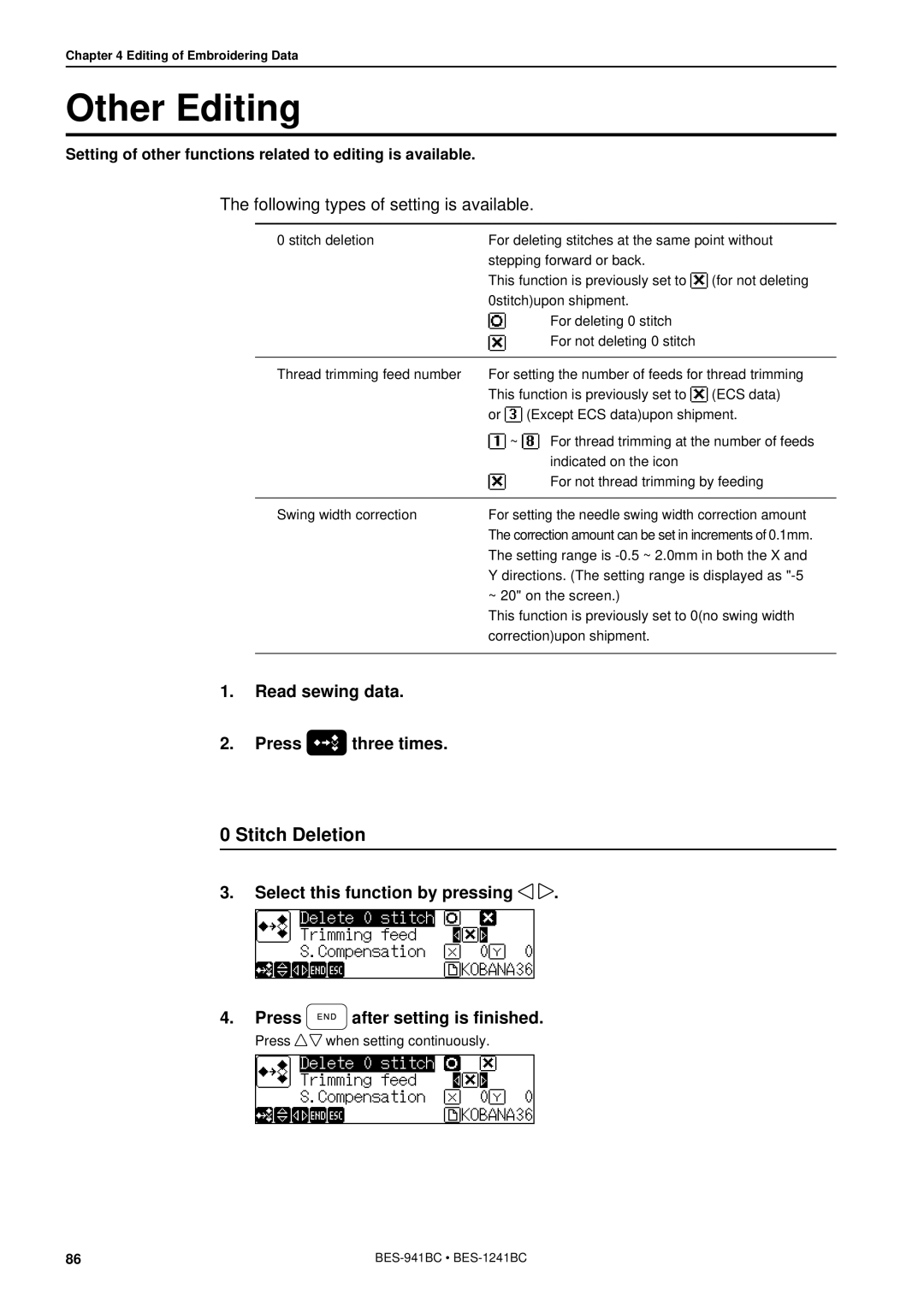 Brother BES-941BC instruction manual Other Editing, Stitch Deletion, Read sewing data Press three times 