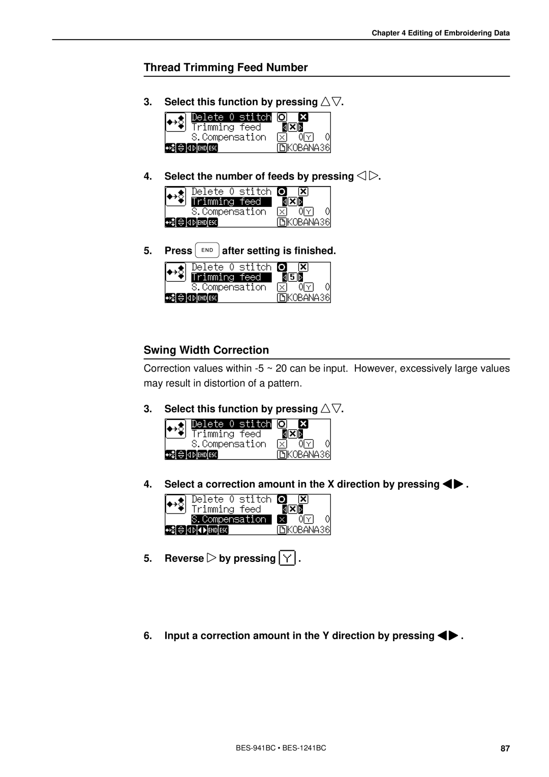 Brother BES-941BC instruction manual Thread Trimming Feed Number, Swing Width Correction 