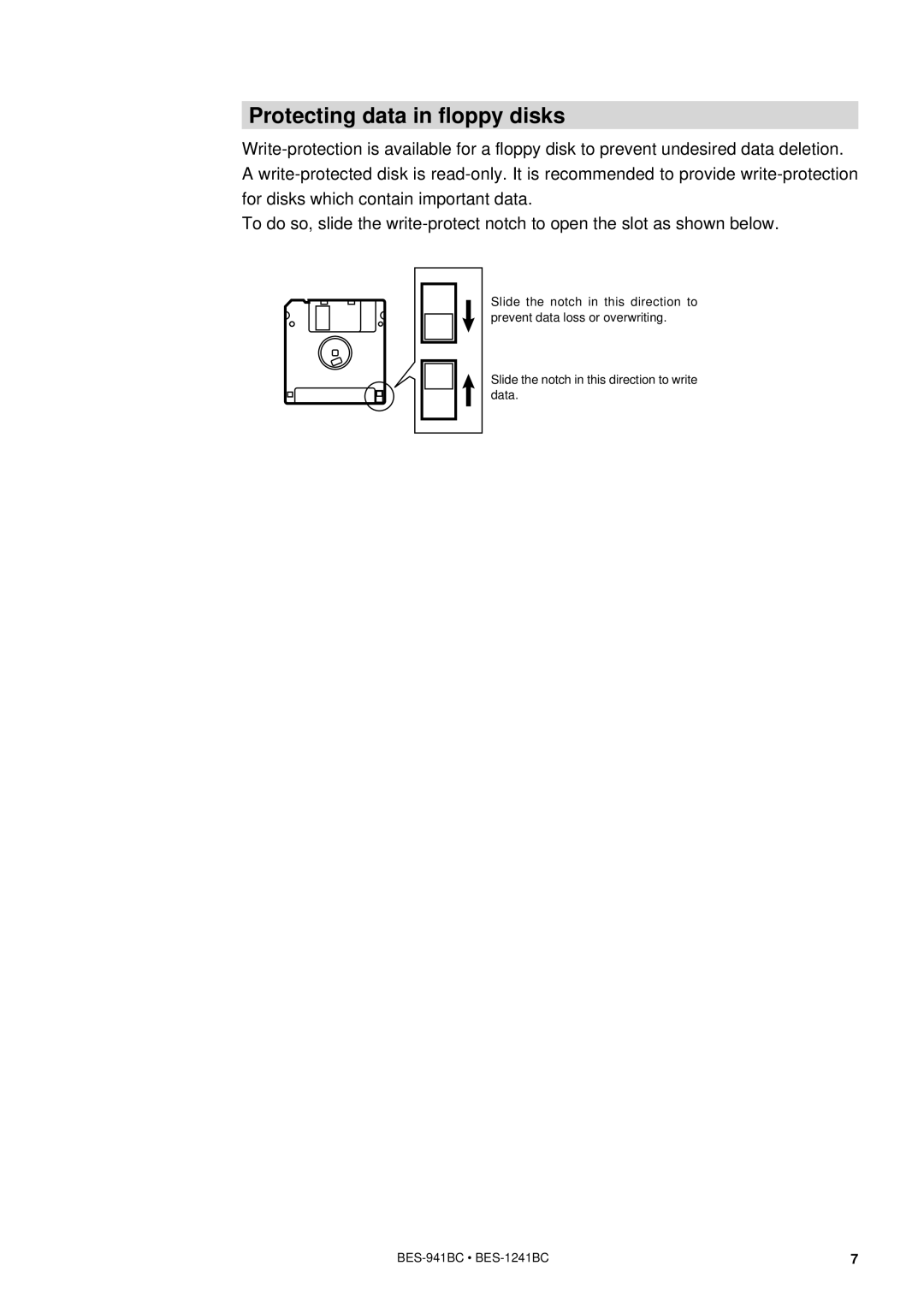 Brother BES-941BC instruction manual Protecting data in floppy disks 