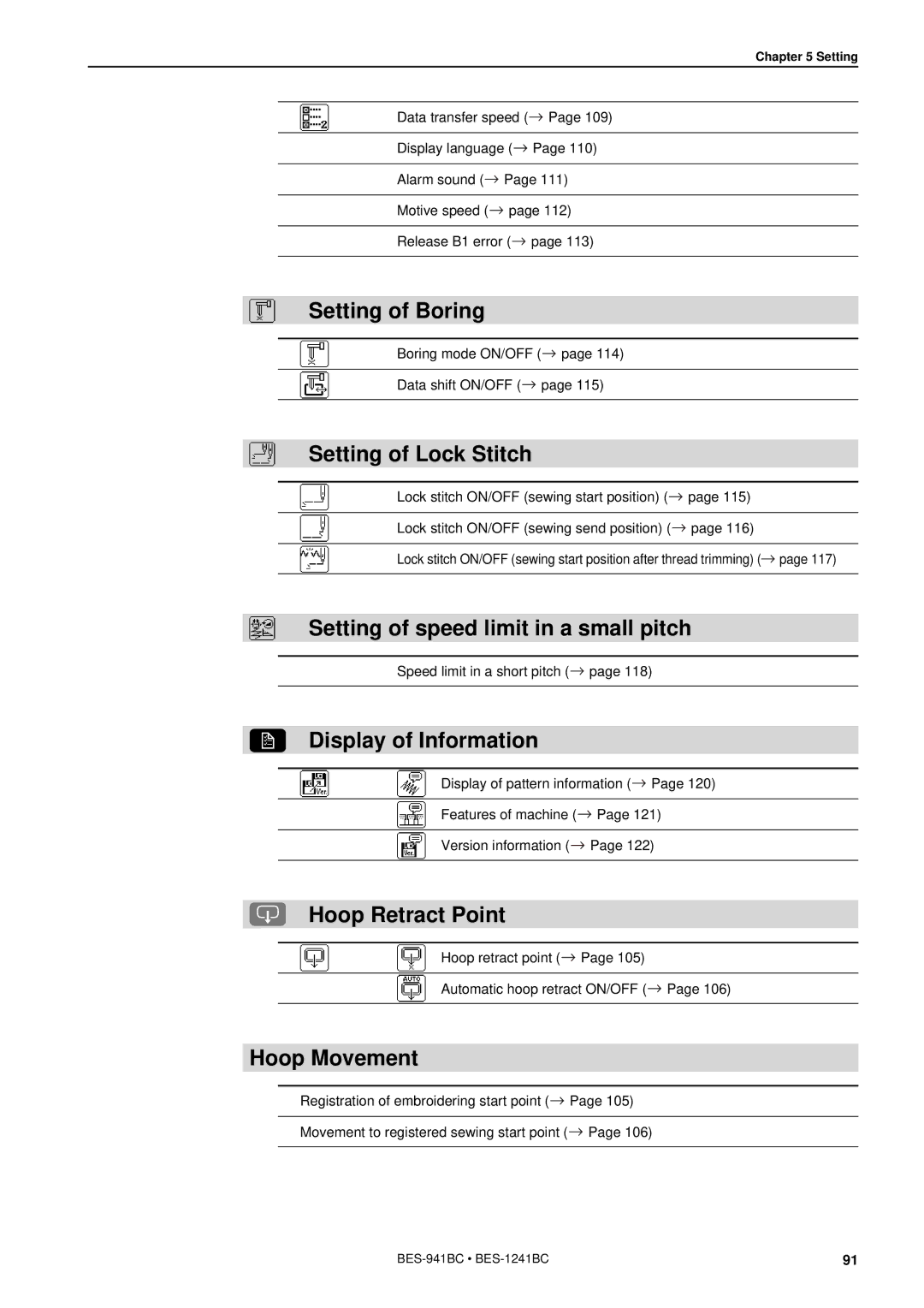 Brother BES-941BC Setting of Boring, Setting of Lock Stitch, Setting of speed limit in a small pitch, Hoop Retract Point 