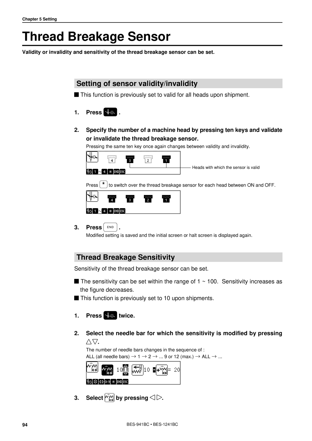 Brother BES-941BC Thread Breakage Sensor, Setting of sensor validity/invalidity, Thread Breakage Sensitivity 