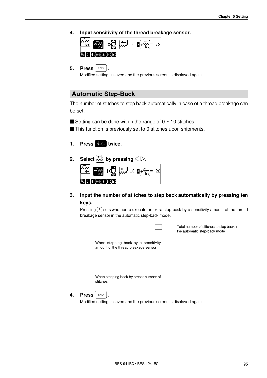 Brother BES-941BC instruction manual Automatic Step-Back, Input sensitivity of the thread breakage sensor Press E N D 