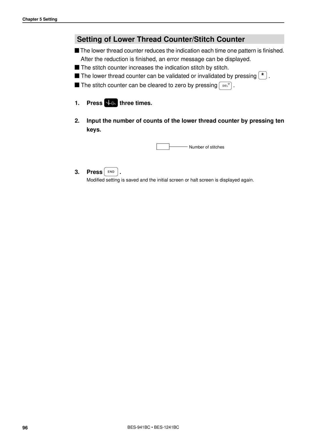 Brother BES-941BC instruction manual Setting of Lower Thread Counter/Stitch Counter 