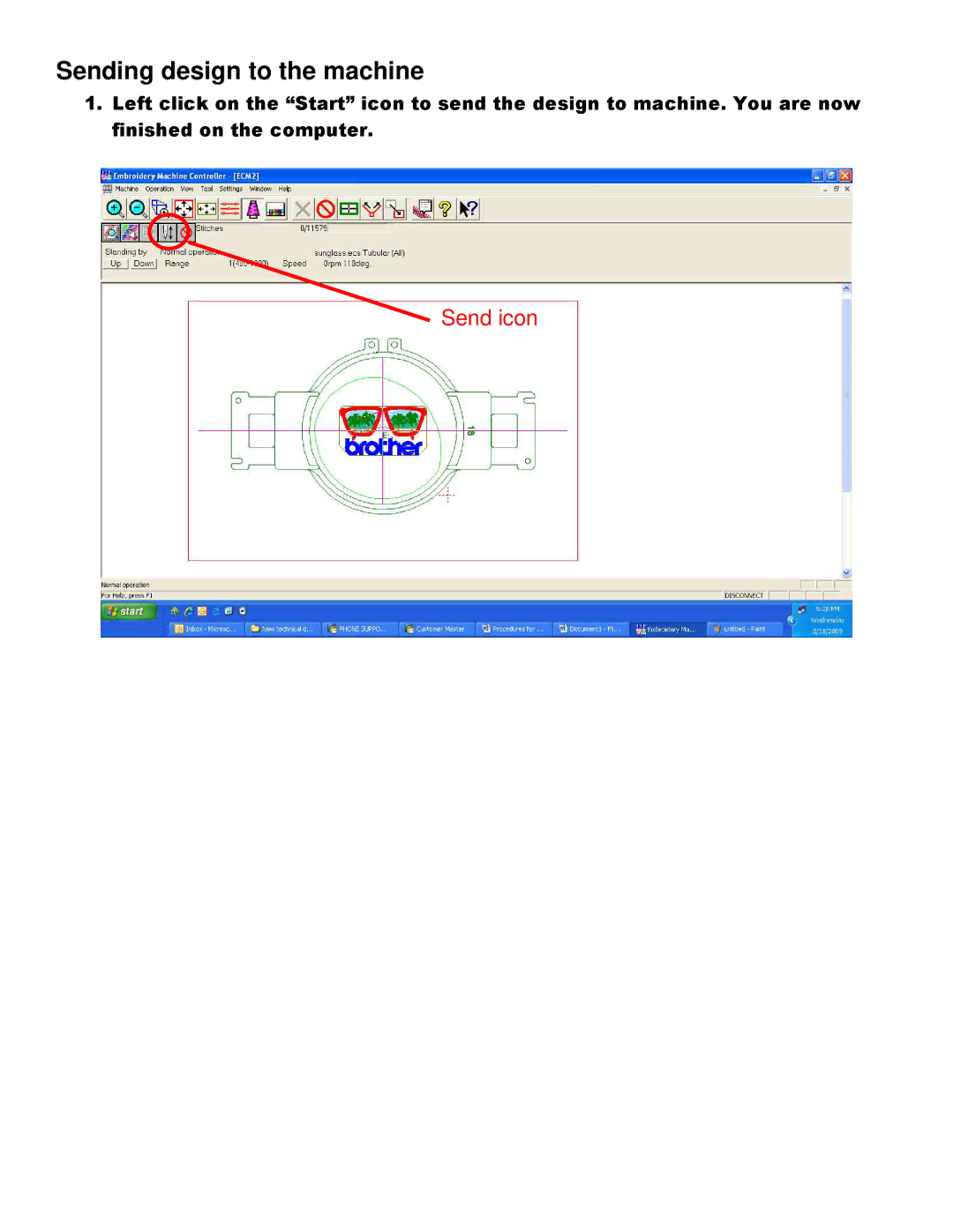 Brother BES-960, BES-962, BE-1206-PC, BES-1262, BES-1260, BES-1240, BE-1204-PC manual Sending design to the machine, Send icon 