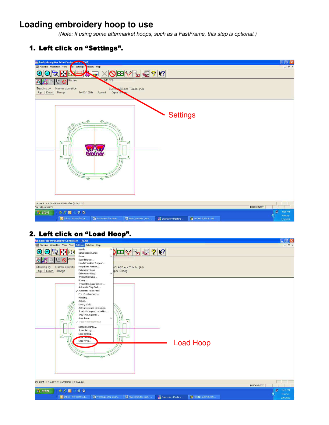 Brother BE-1204-PC, BES-962, BE-1206-PC, BES-1262, BES-1260, BES-960 manual Loading embroidery hoop to use, Settings, Load Hoop 