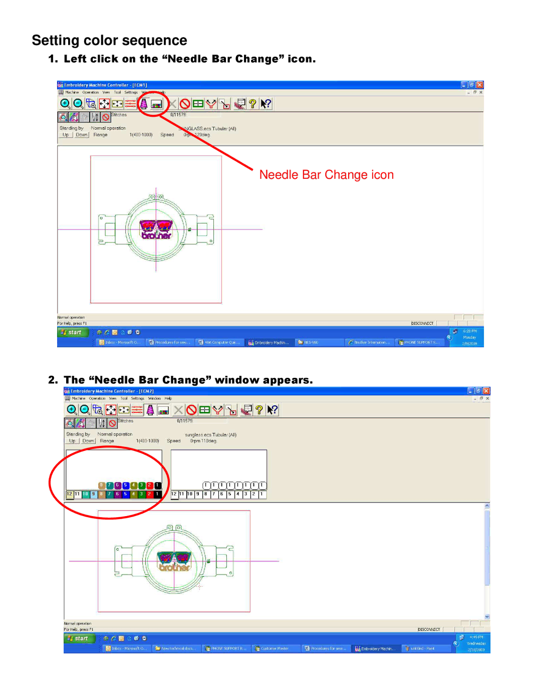 Brother BES-962, BE-1206-PC, BES-1262, BES-1260, BES-960, BES-1240, BE-1204-PC Setting color sequence, Needle Bar Change icon 