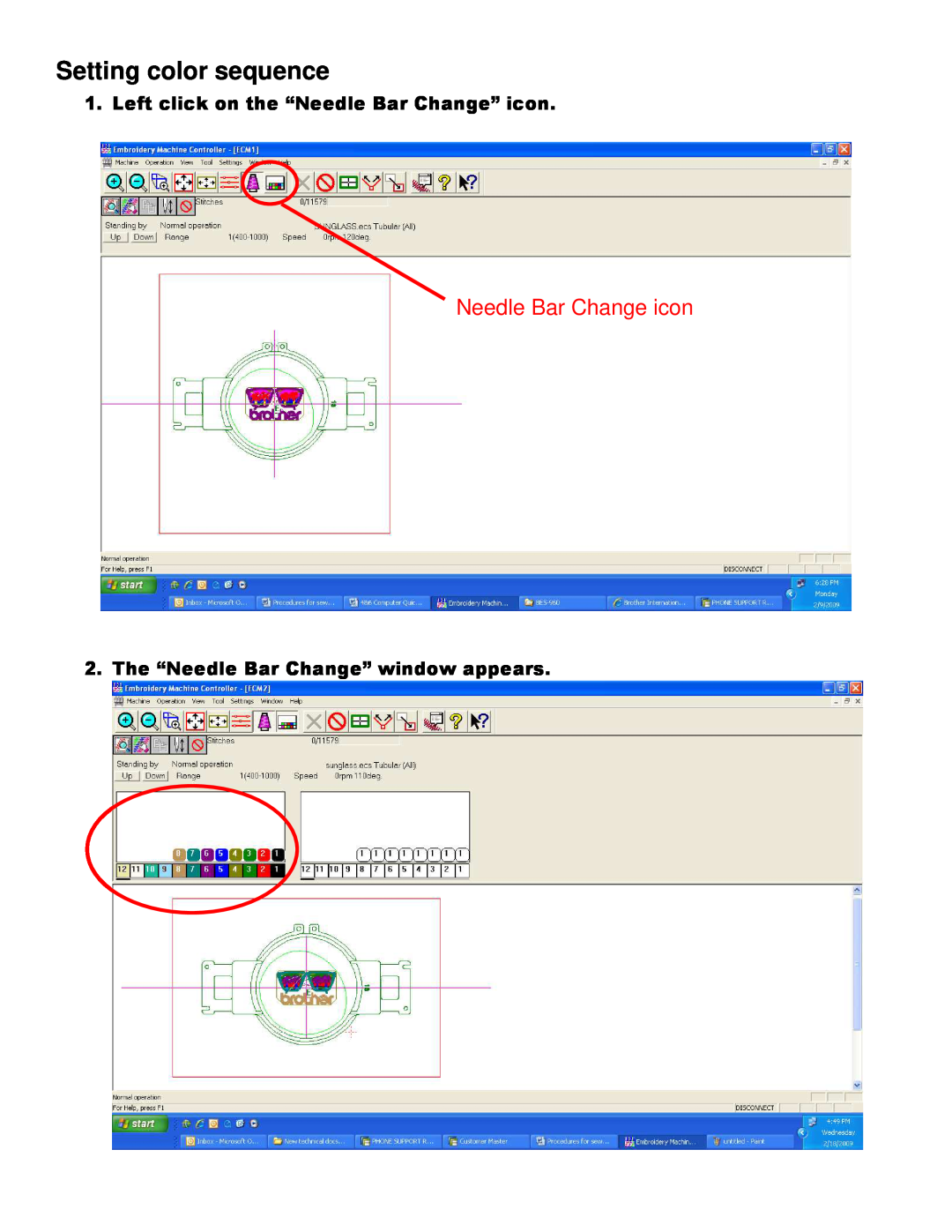 Brother BES-962, BE-1206-PC Setting color sequence, Needle Bar Change icon, Left click on the “Needle Bar Change” icon 