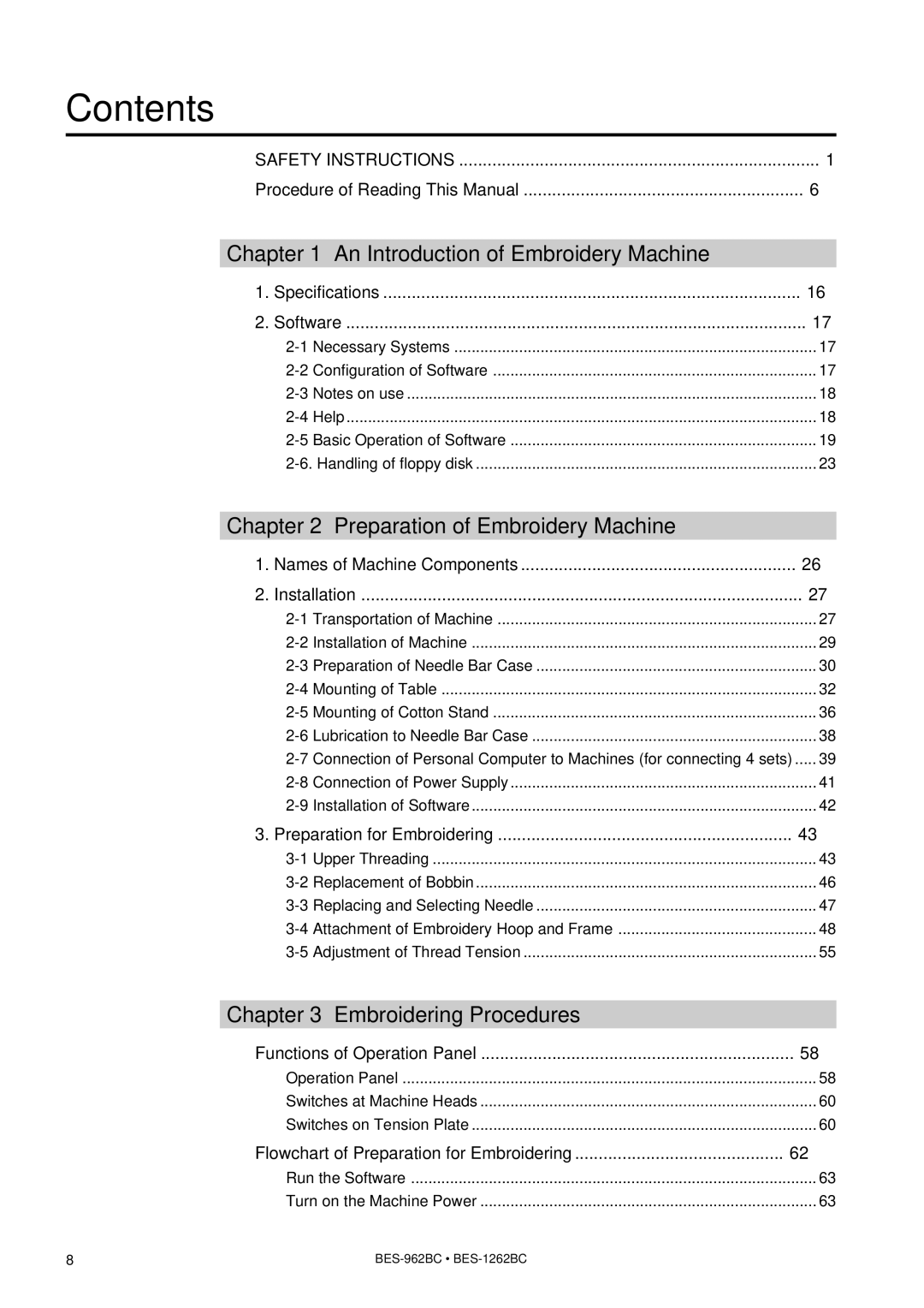 Brother BES-962BC instruction manual Contents 