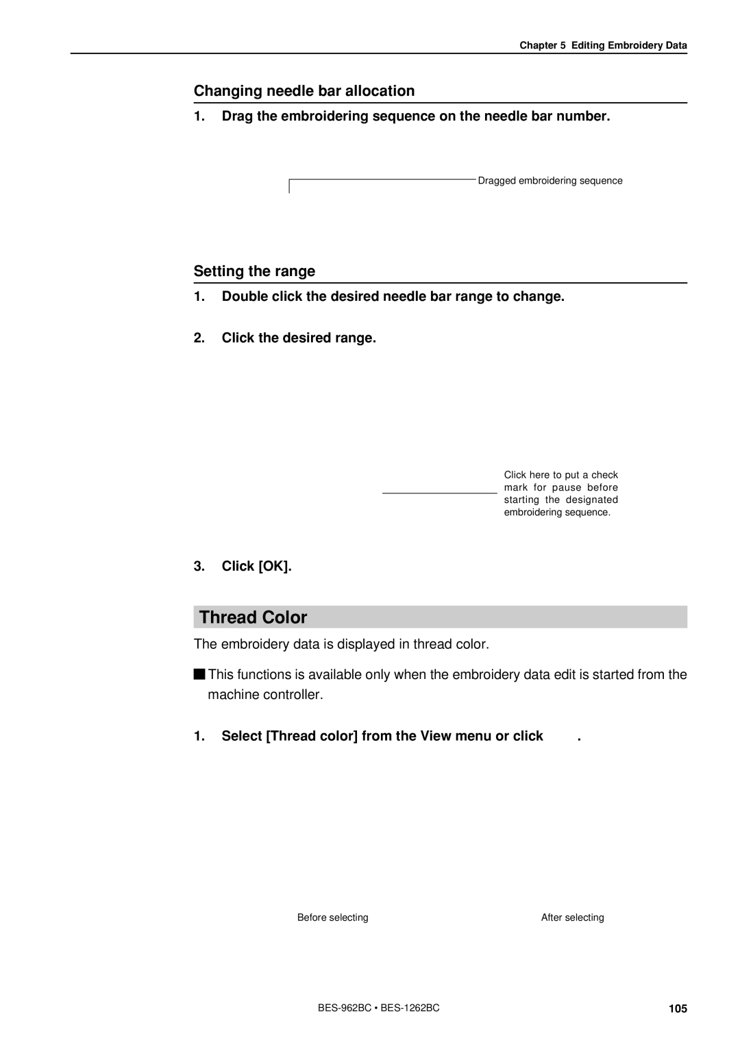 Brother BES-962BC instruction manual Thread Color, Changing needle bar allocation, Setting the range 