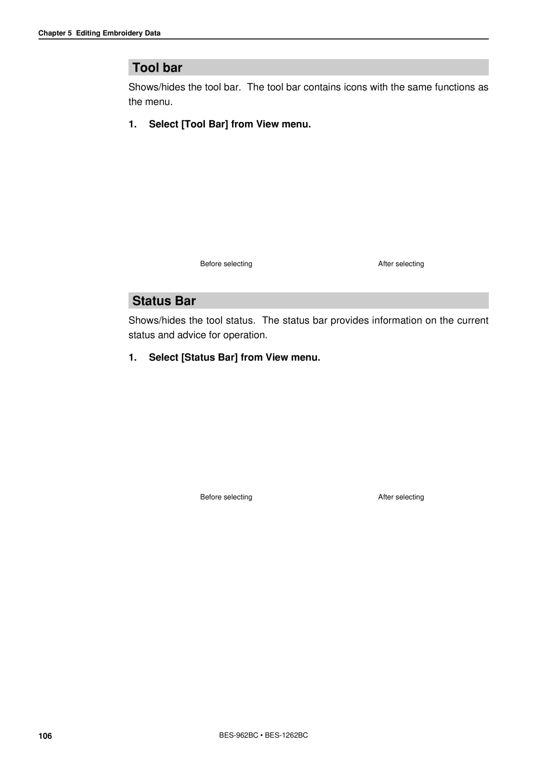 Brother BES-962BC instruction manual Tool bar, Select Tool Bar from View menu, Select Status Bar from View menu 