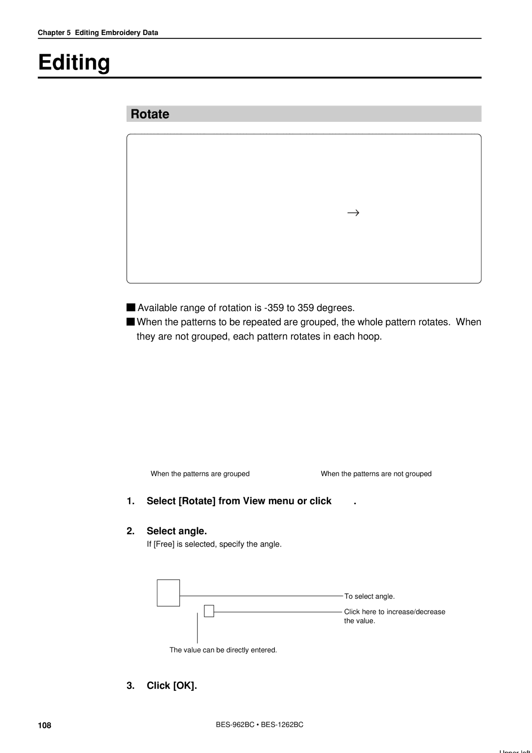 Brother BES-962BC instruction manual Editing, Select Rotate from View menu or click Select angle 