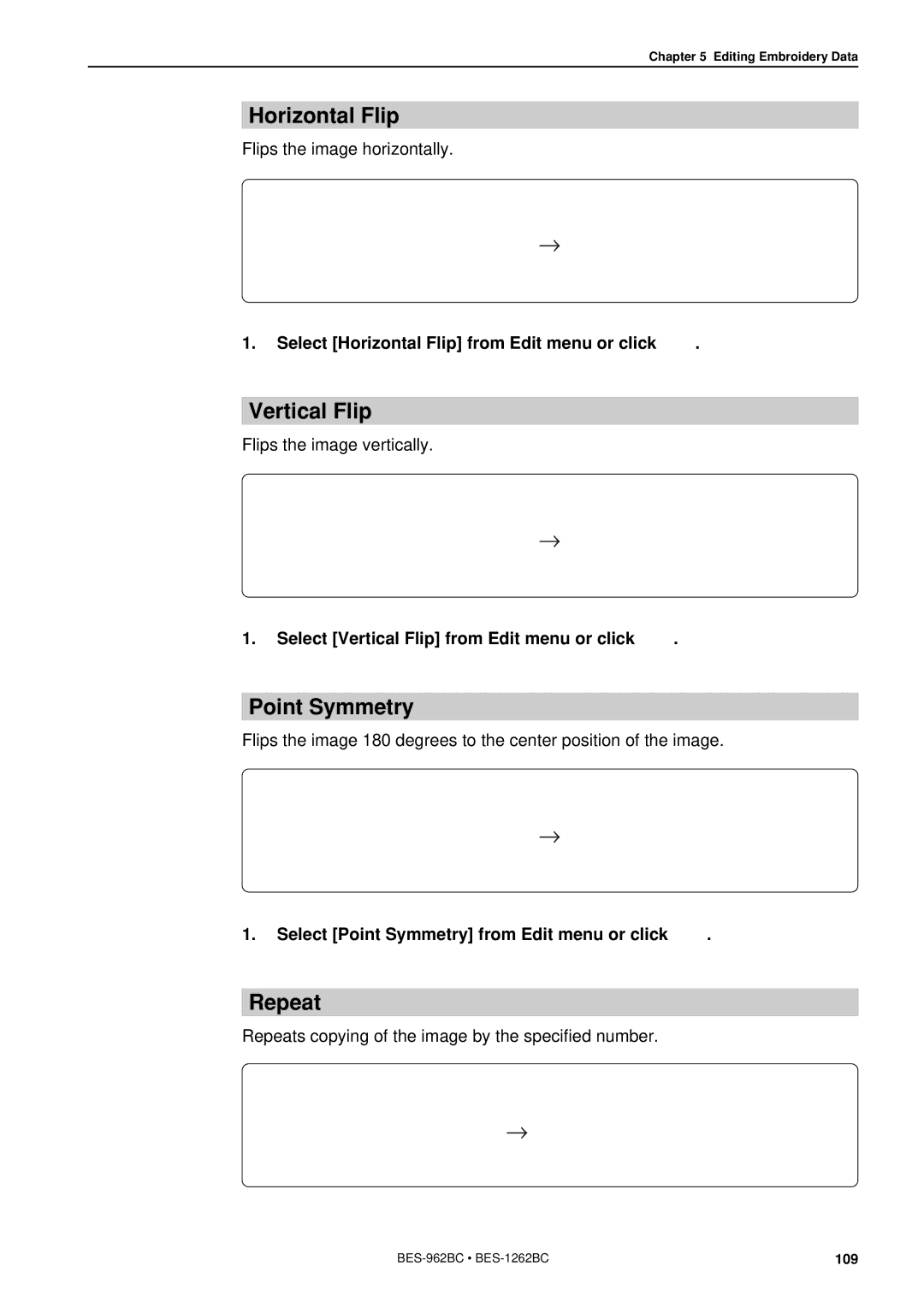 Brother BES-962BC instruction manual Horizontal Flip, Vertical Flip, Point Symmetry, Repeat 