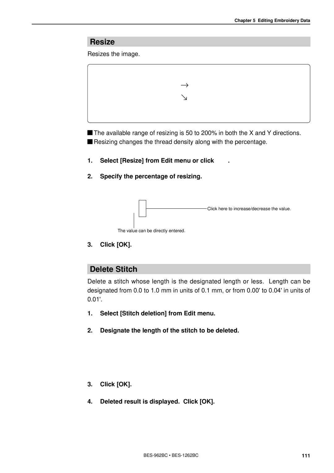 Brother BES-962BC instruction manual Resize, Delete Stitch 