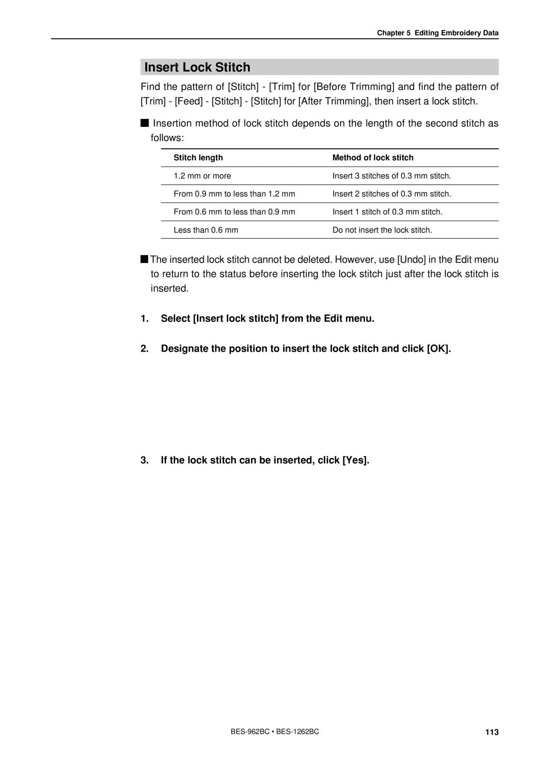 Brother BES-962BC instruction manual Insert Lock Stitch, Stitch length Method of lock stitch 