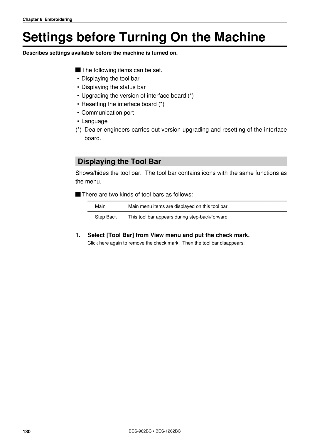 Brother BES-962BC instruction manual Settings before Turning On the Machine, Displaying the Tool Bar 