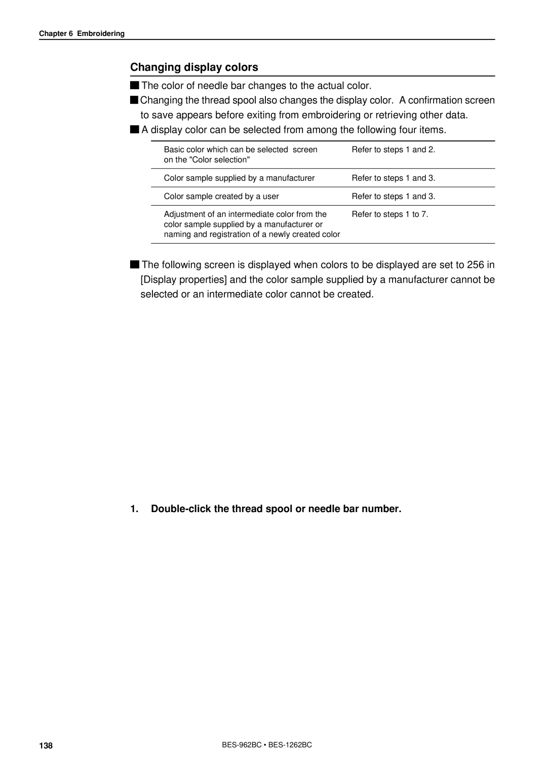 Brother BES-962BC instruction manual Changing display colors, Double-click the thread spool or needle bar number 