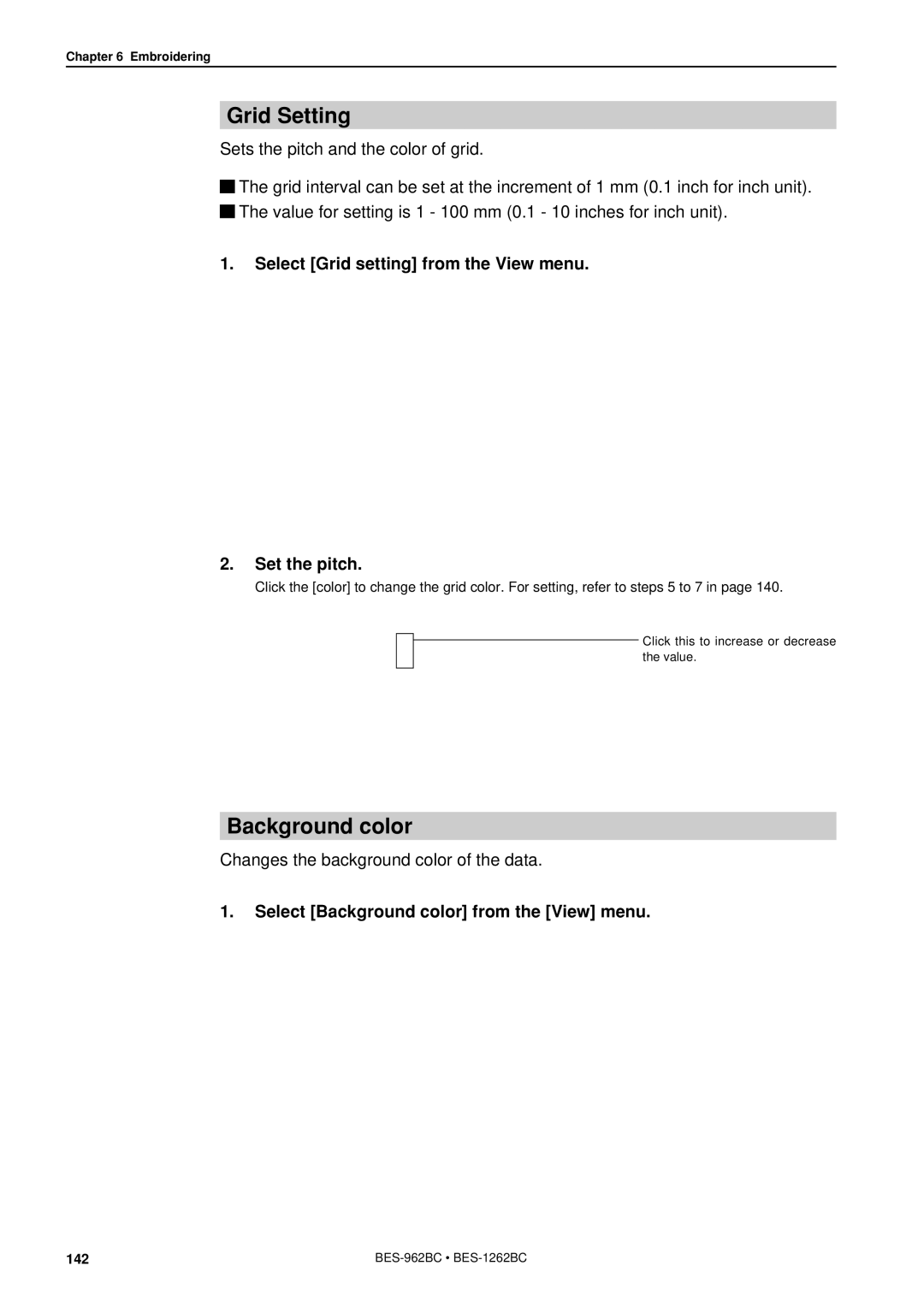 Brother BES-962BC instruction manual Grid Setting, Background color, Select Grid setting from the View menu Set the pitch 