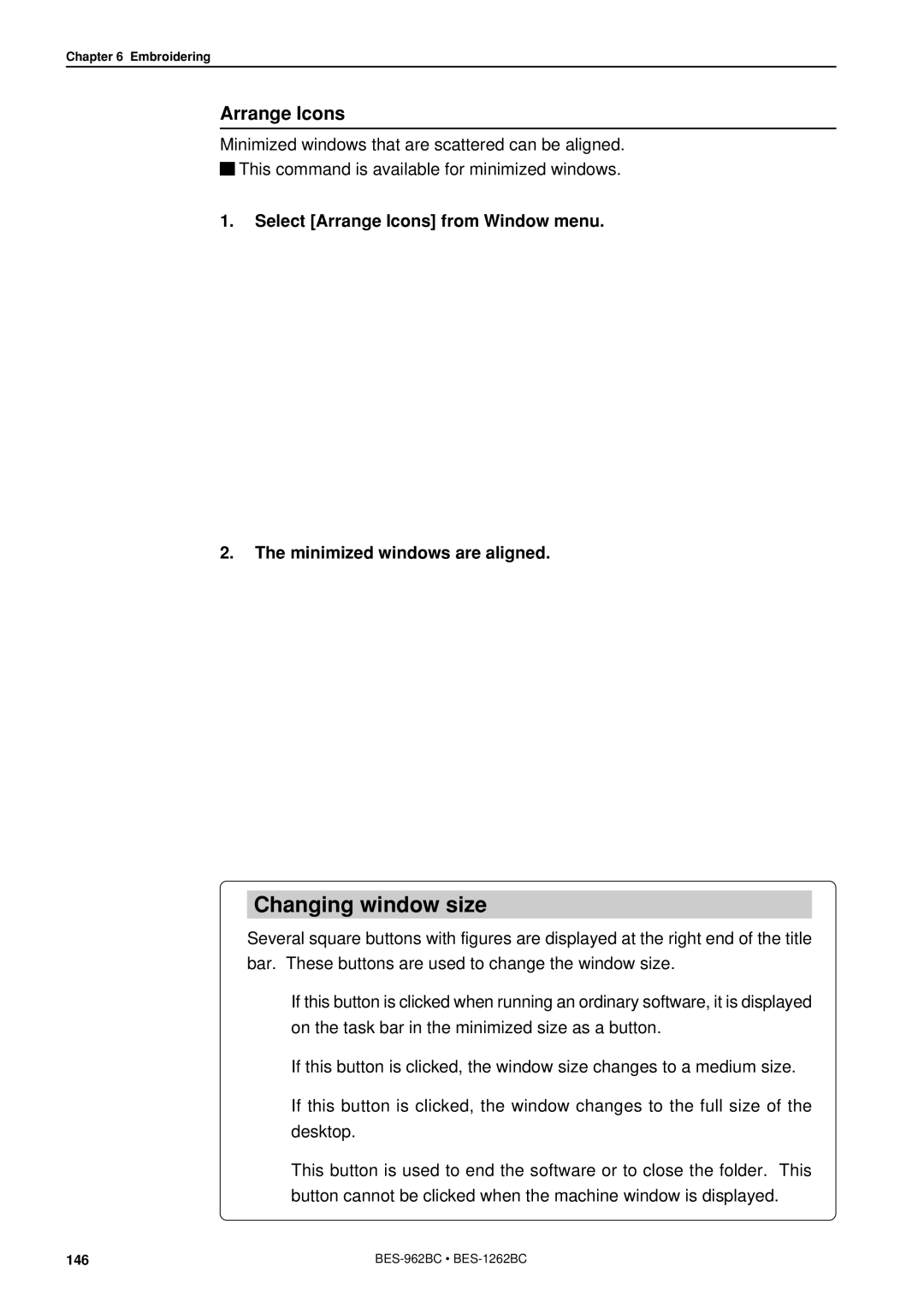 Brother BES-962BC instruction manual Changing window size, Arrange Icons 